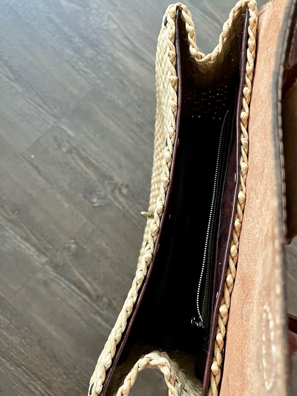 Brown Leather & Natural Woven Tote Handbag 10/13 Inches - Picture 9 of 10